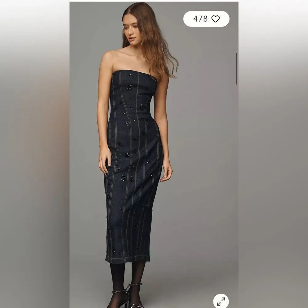 Anthropologie Women's Blue Strapless Beaded Denim Dress